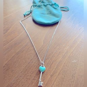 Tiffany & Co Silver and Blue Enamel Heart Key Necklace